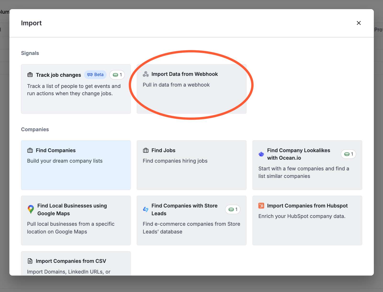 Clay import data options with a red circle around "Import Data from Webhook"