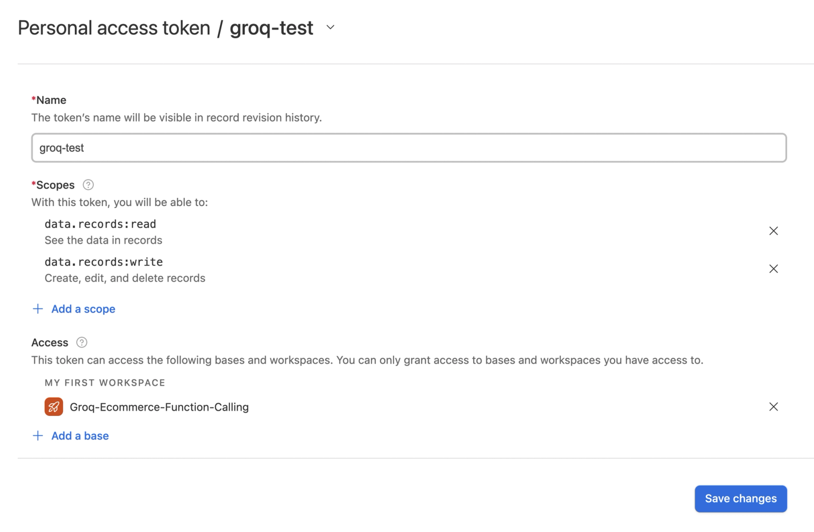 Airtable scopes for the Groq e-commerce bot