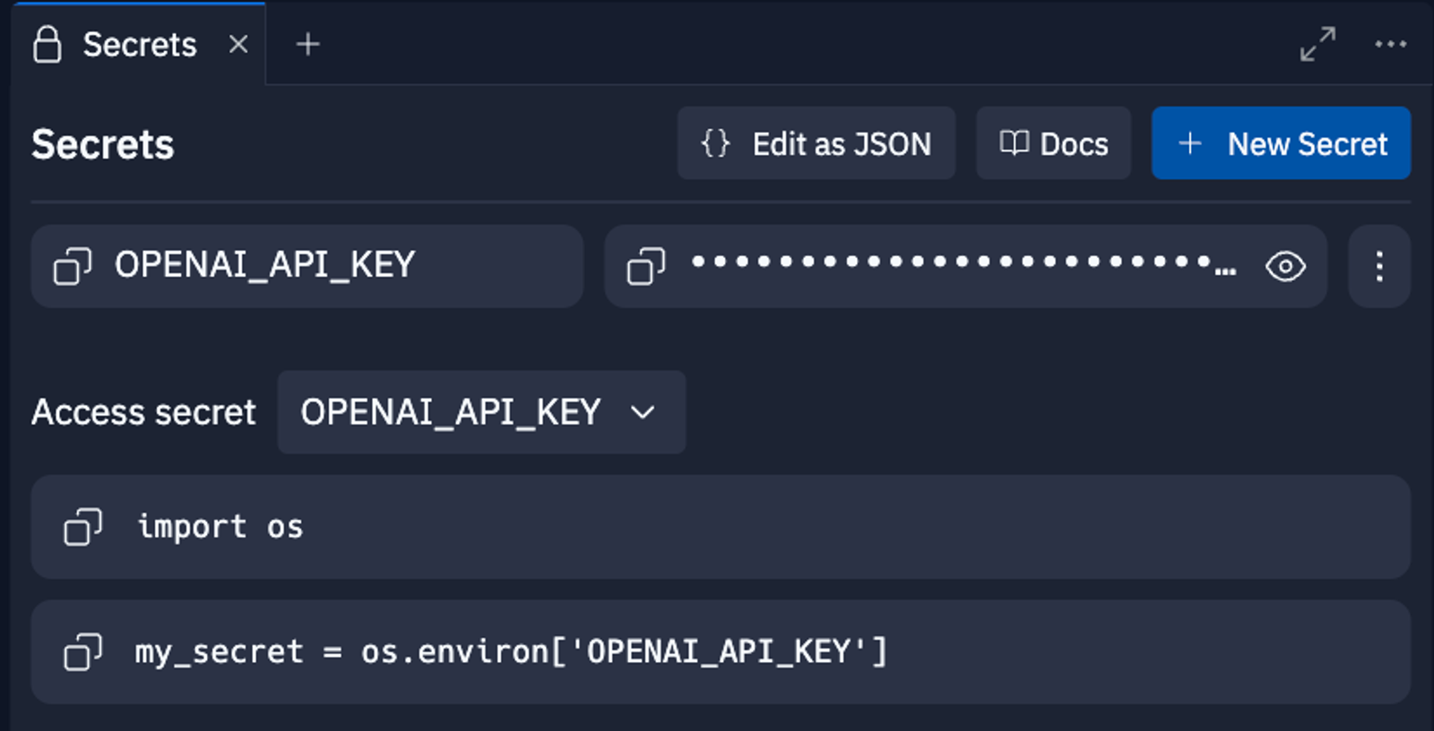 Adding your OpenAI key to the Secrets pane