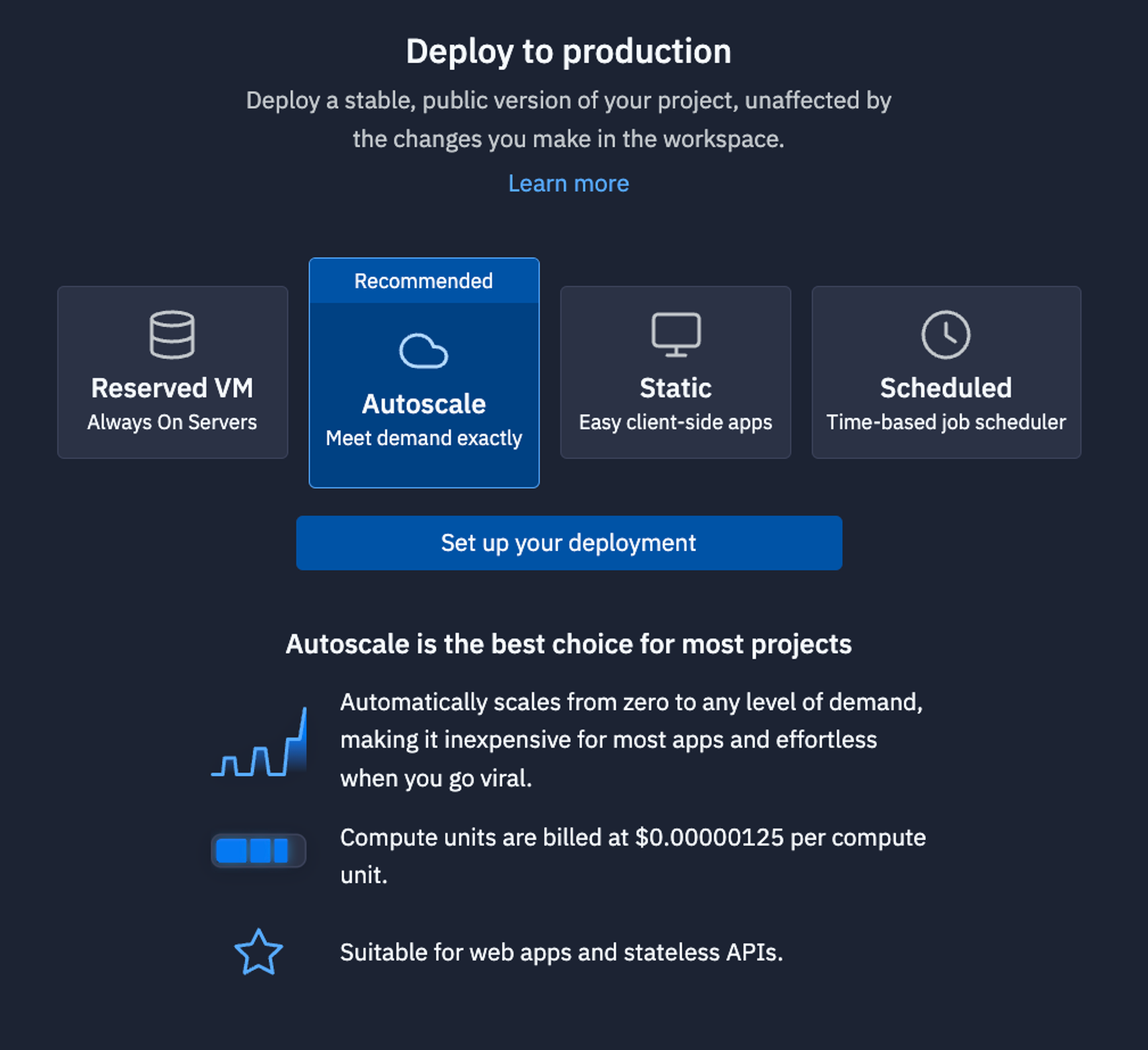 Replit Deployments screen with Deployments options