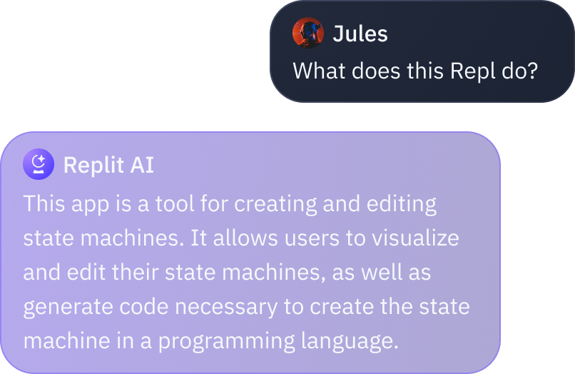 Jules asks Replit AI what this Repl does. The AI agent says that the Repl is a tool for creating and editing state machines.