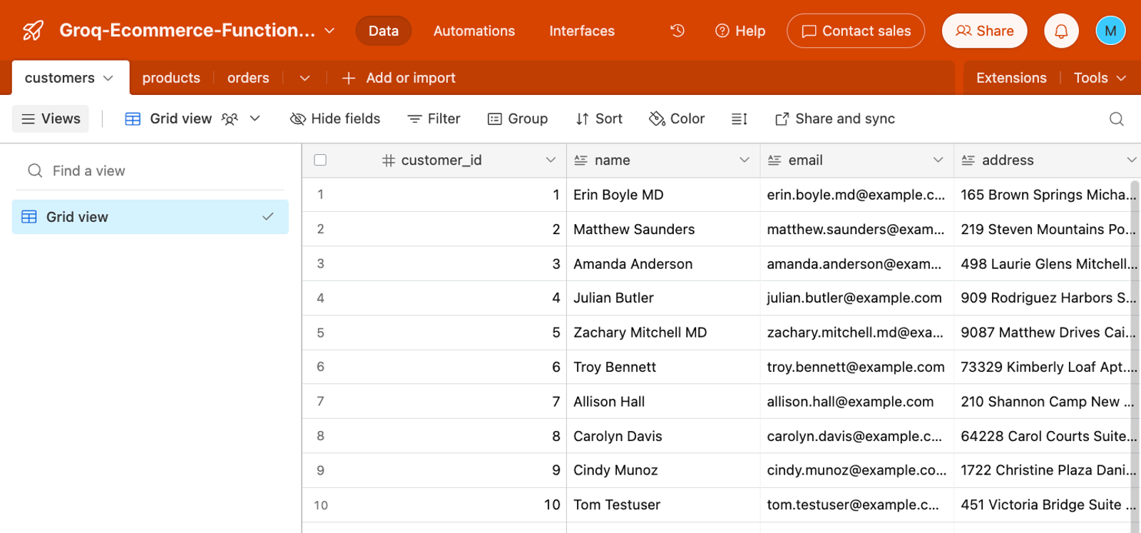 Airtable base of ecommerce sample data