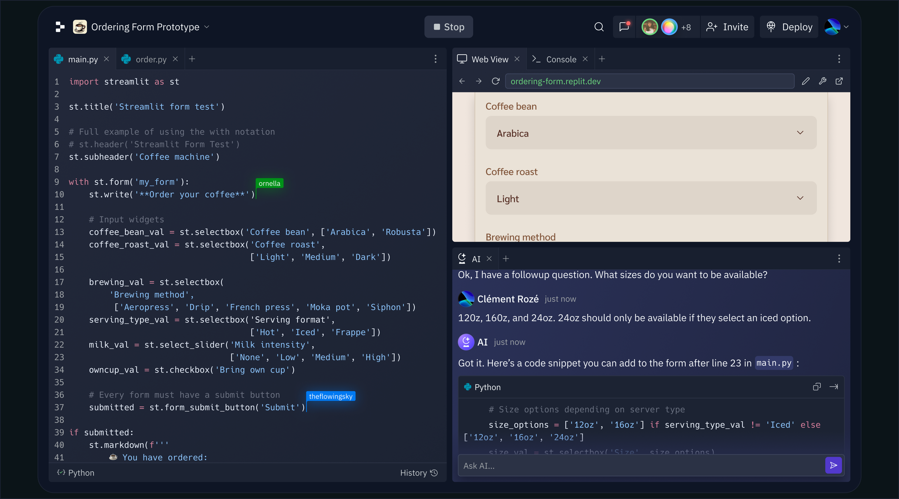 The 幸运飞行艇168开奖官方网站 workspace shows a programming editor on the left with two users collaborating in real time, a preview of the application on the top right, and AI helping with development on the bottom right.