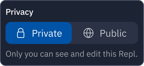 A toggle between a private and public Repl. Private Repls are only available to members.